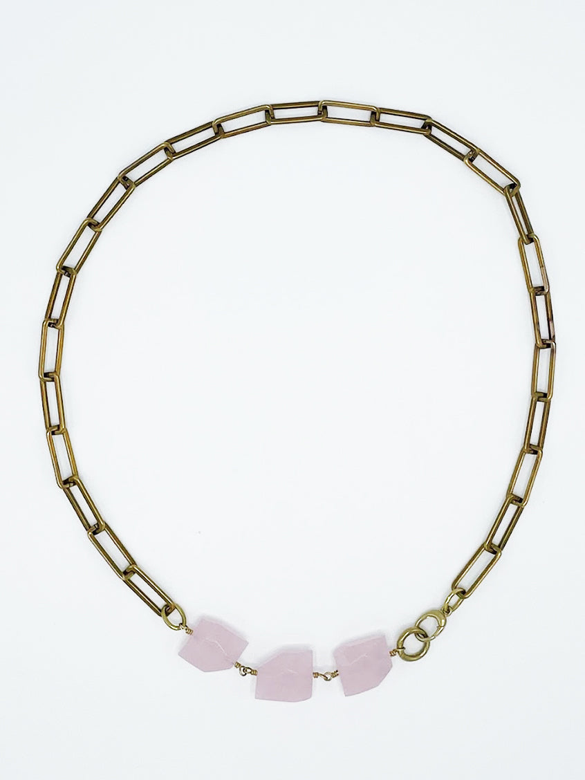Rose Quartz Necklace Brass Paper Clip Chain