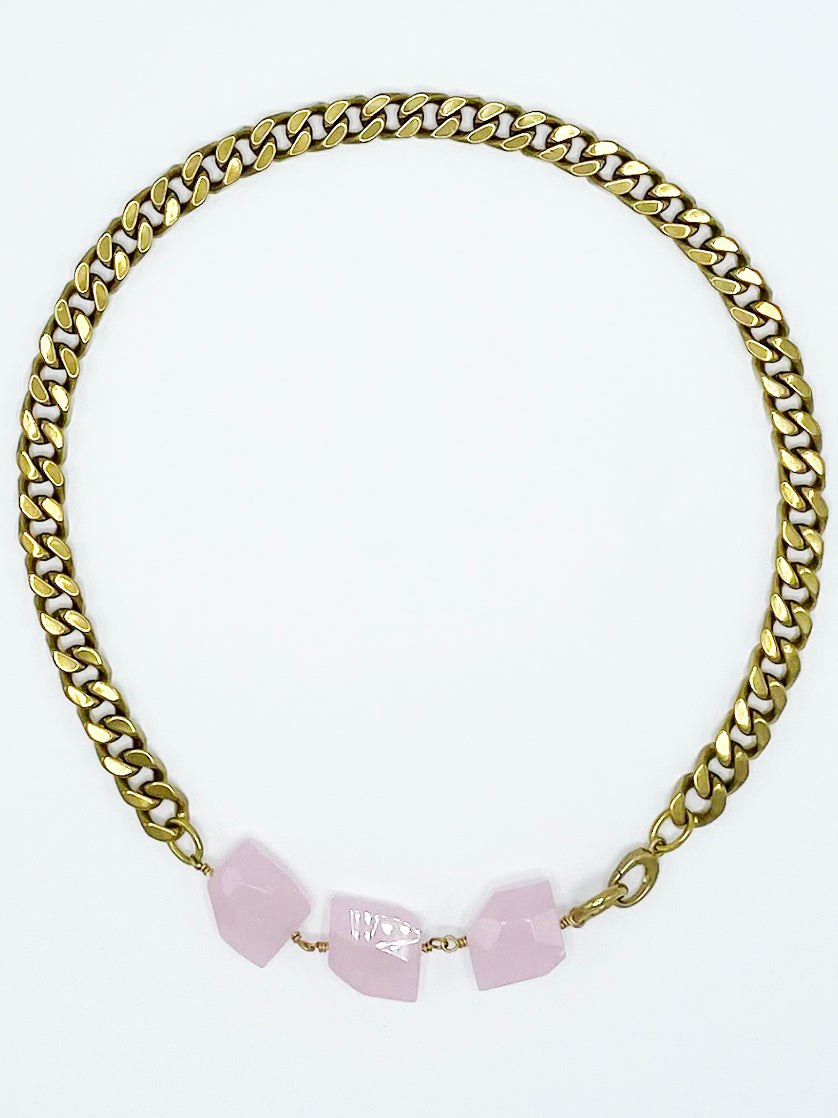 Rose Quartz Necklace Brass Curb Chain