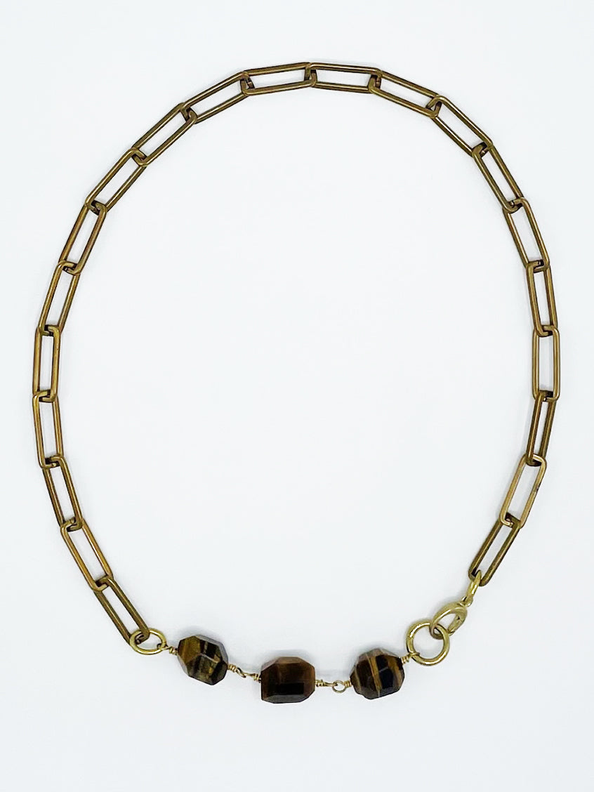 Tiger's Eye Necklace Brass Paper Clip Chain