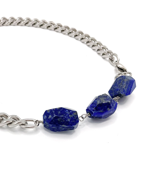 Lapis Necklace Stainless Steel Curb Chain