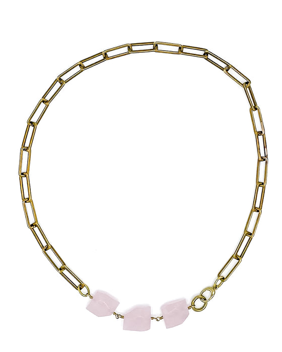 Rose Quartz Necklace Brass Paper Clip Chain