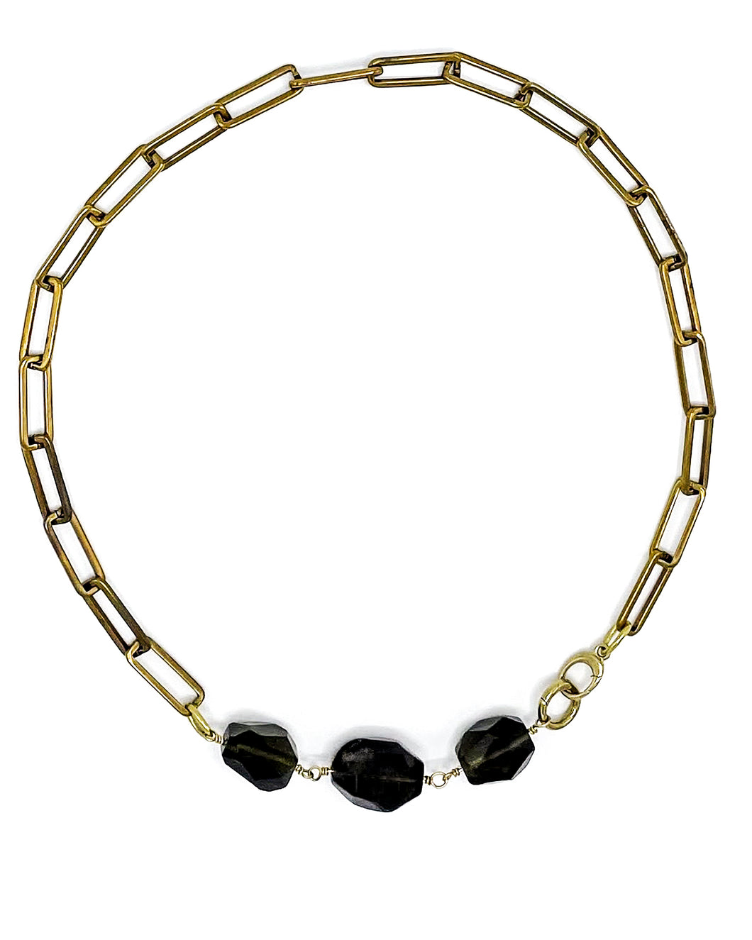 Smoky Quartz Necklace Brass Paper Clip Chain